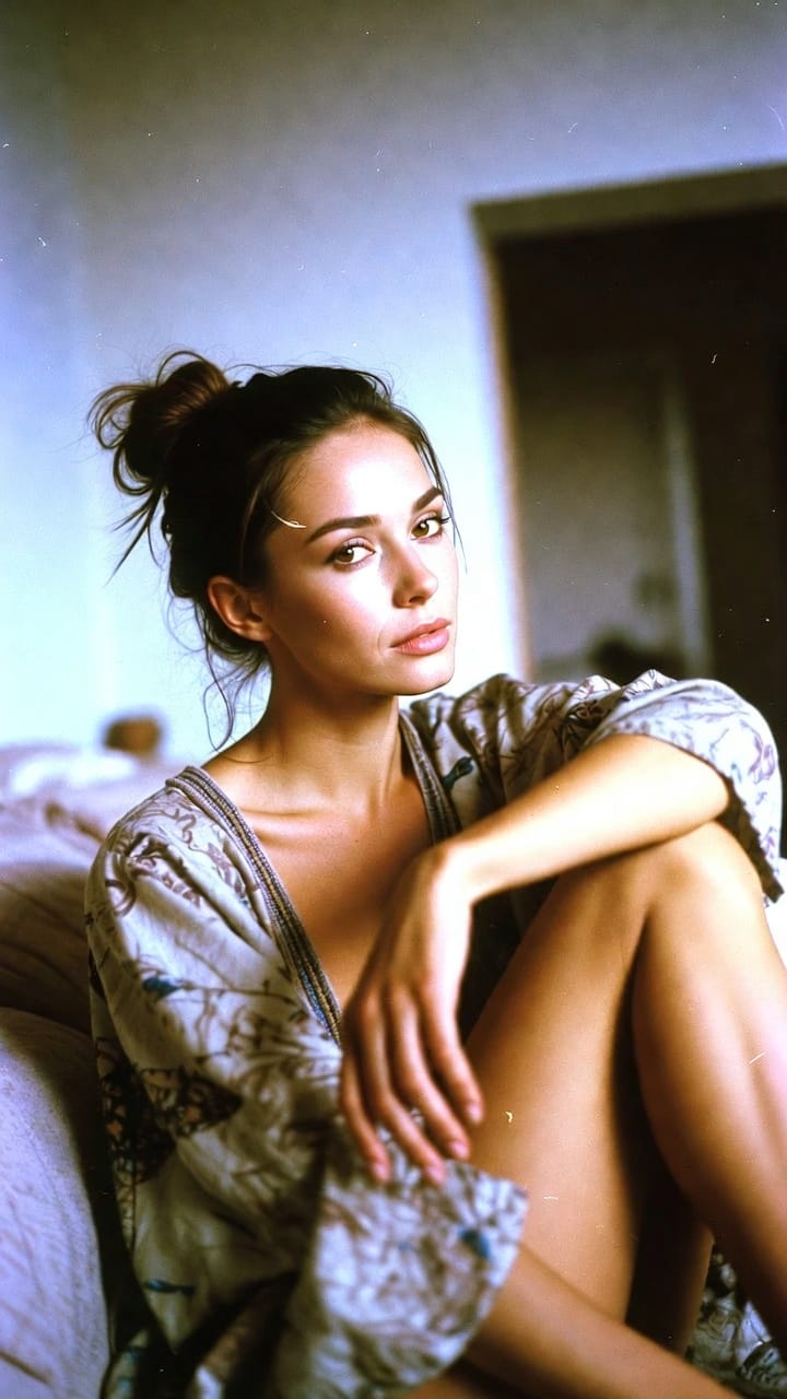 Woman in floral robe sitting indoors, natural light