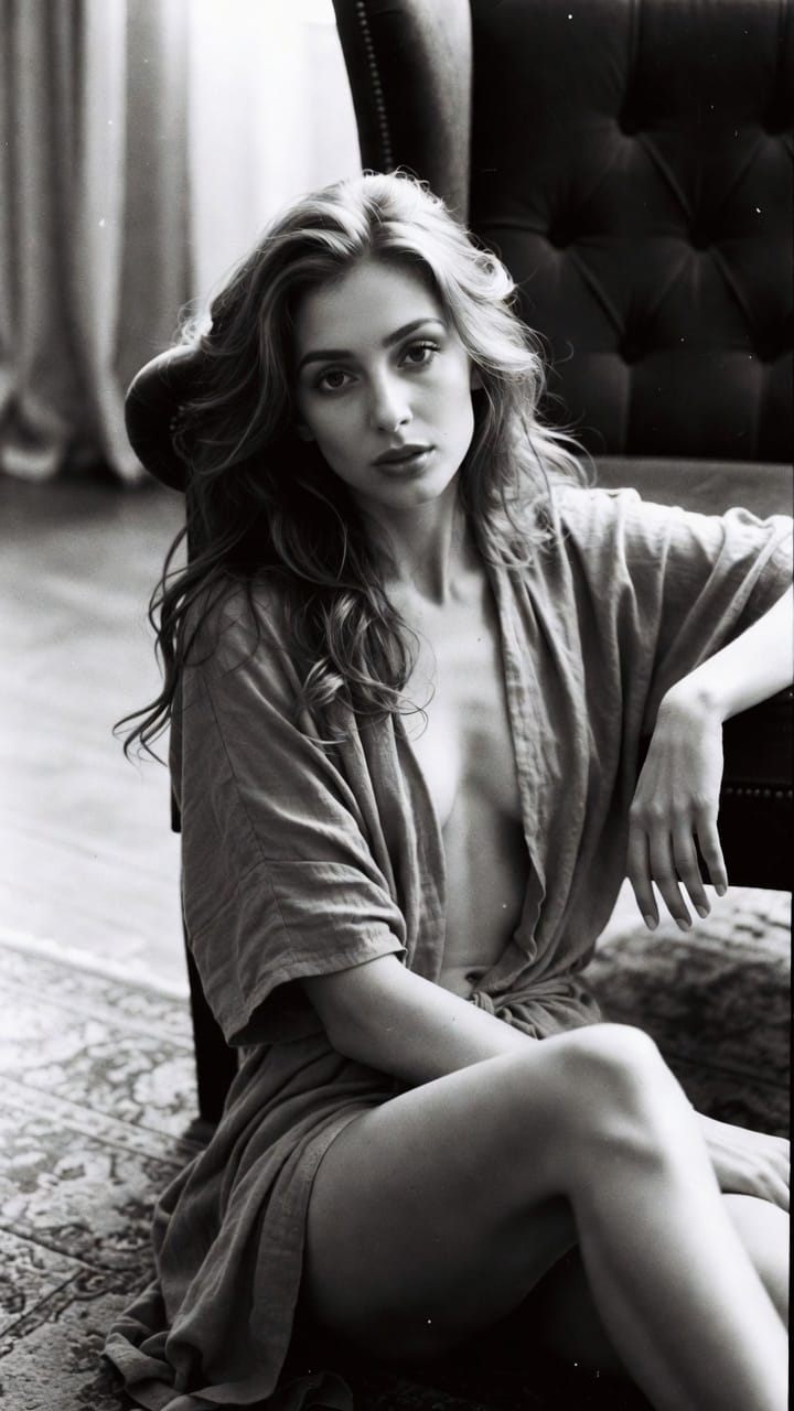 Black-and-white portrait of woman sitting by chair
