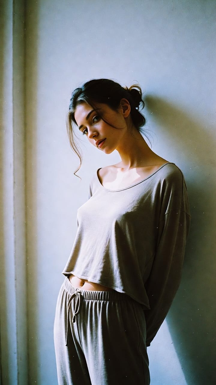 Woman in loose loungewear leaning against sunlit wall