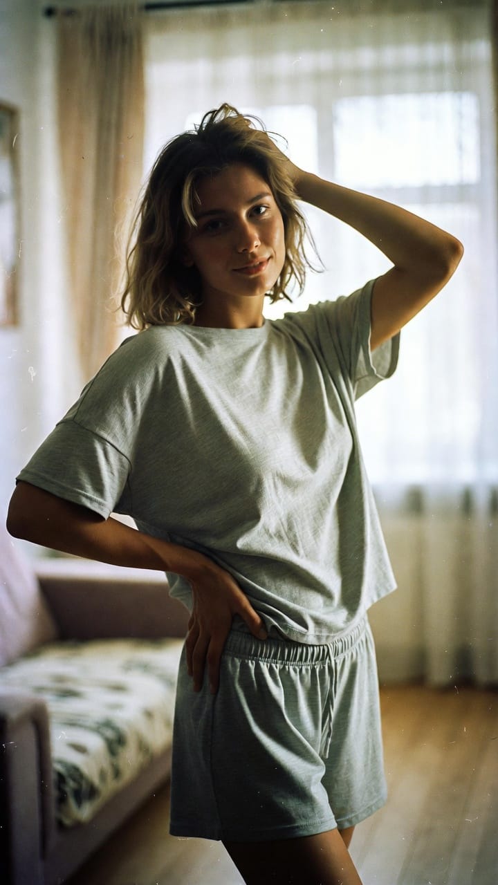 Woman in green loungewear by sunlit bedroom window