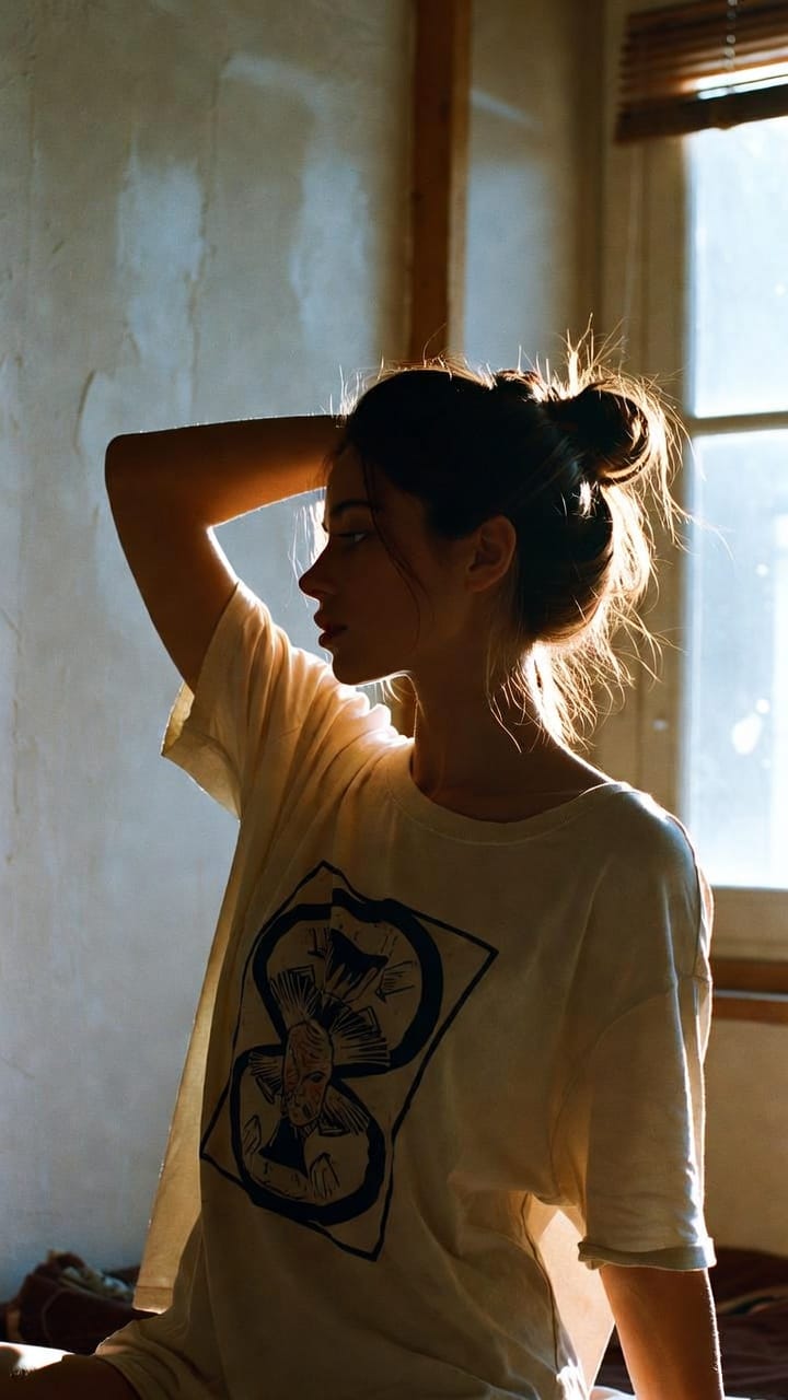 Woman in sunlight by window, profile silhouette