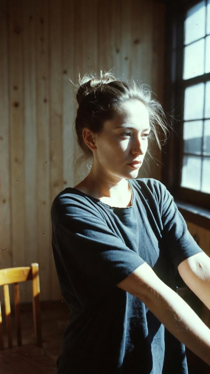 Woman standing by sunlit window in wooden room