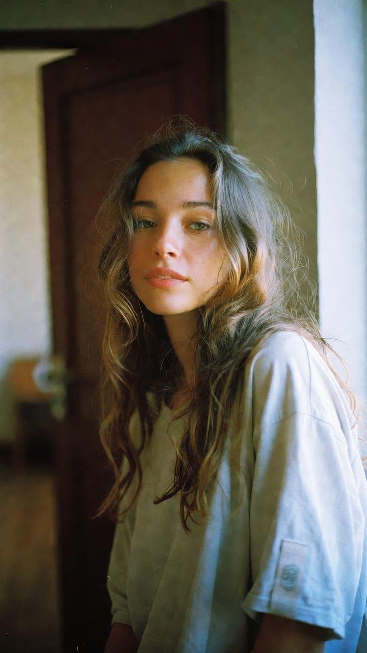 Young woman with long hair by doorway