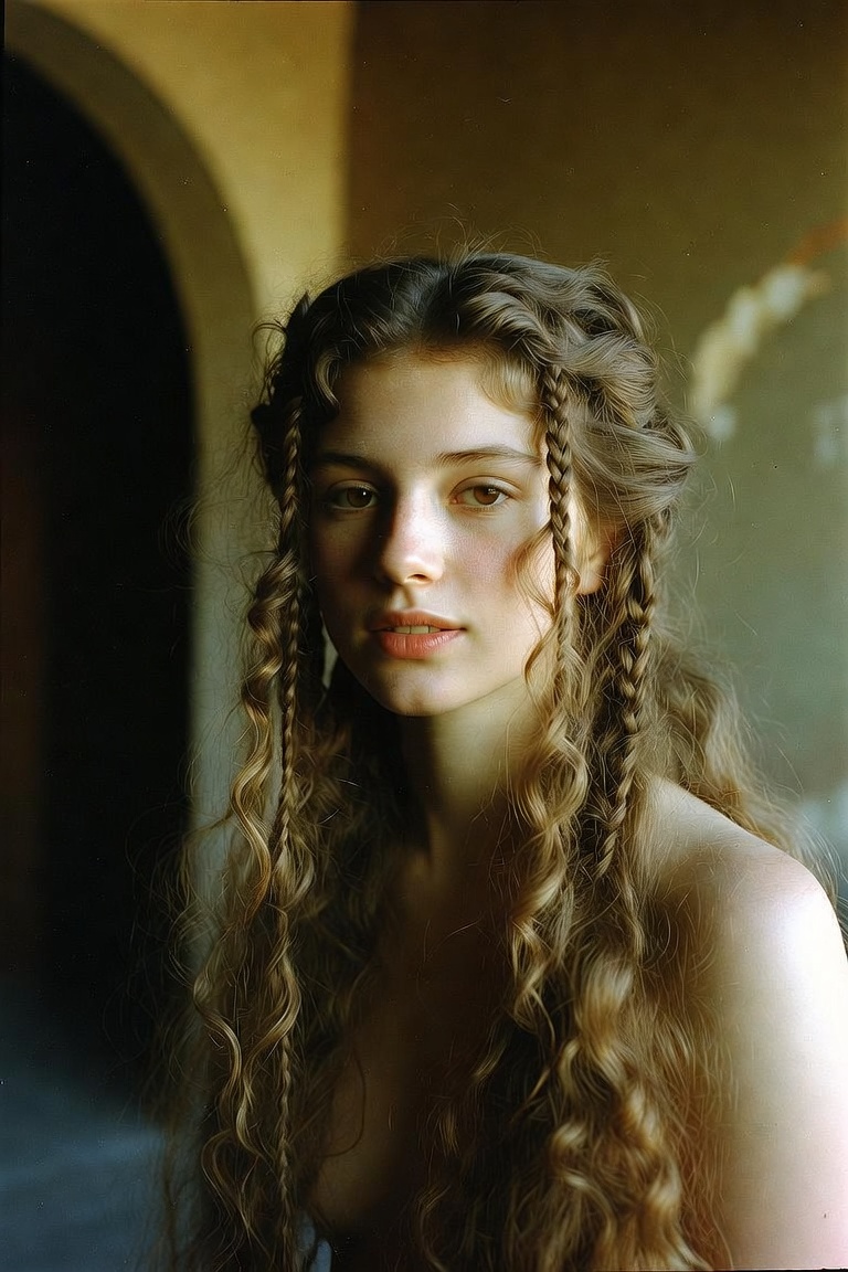 Young woman with braided curls by window light