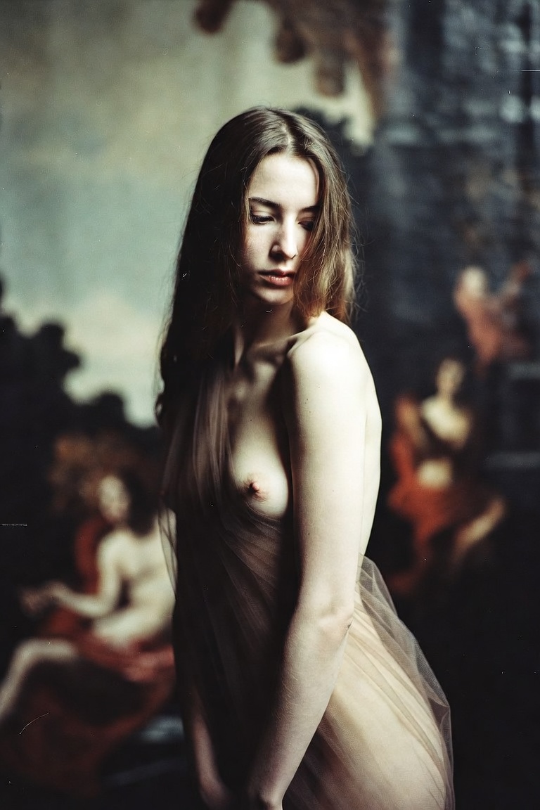Artistic portrait of woman draped in sheer fabric