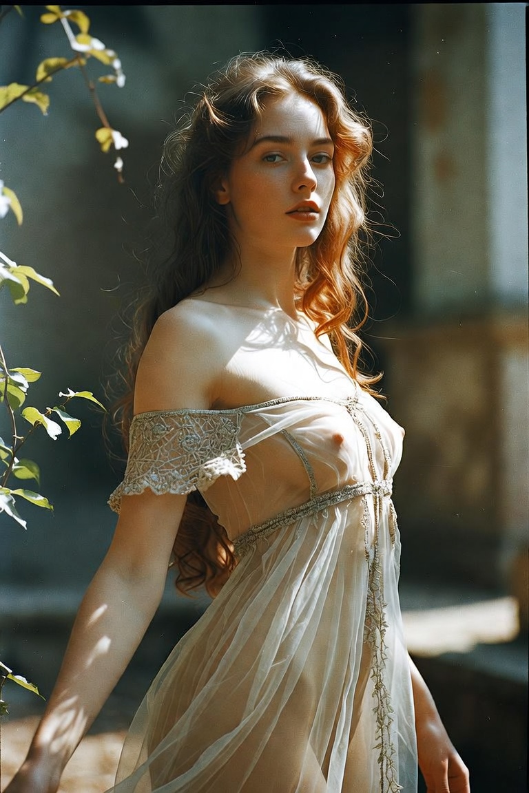 Woman in sheer dress standing in sunlight