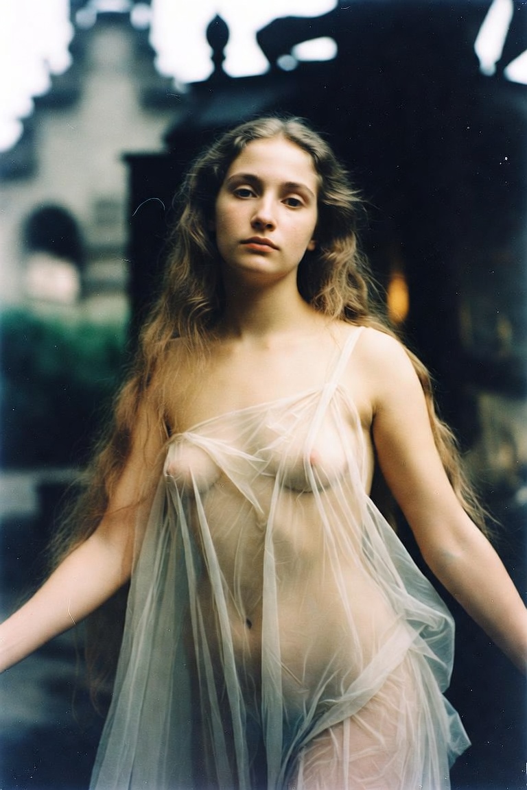 Woman in sheer draped fabric outdoors portrait