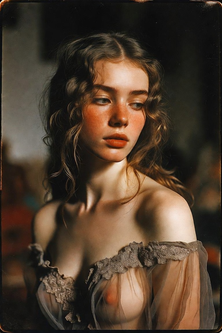 Portrait of young woman in sheer off-shoulder dress