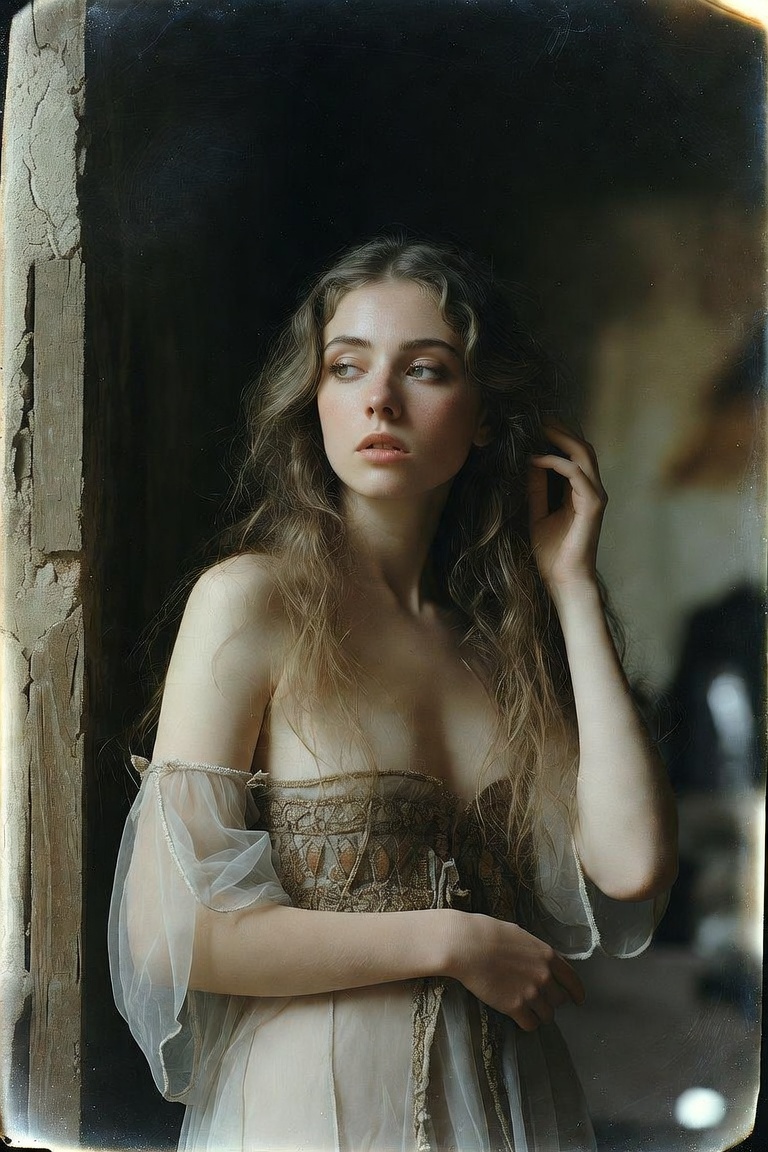 Young woman in vintage dress by window
