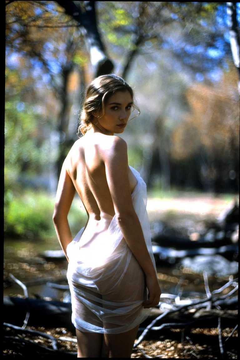 Woman draped in sheer fabric in forest creek