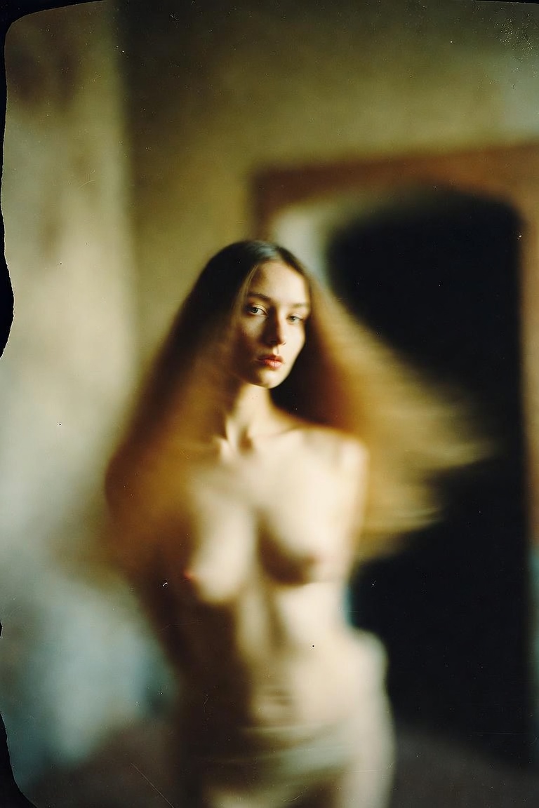 Soft-focus portrait of nude woman indoors