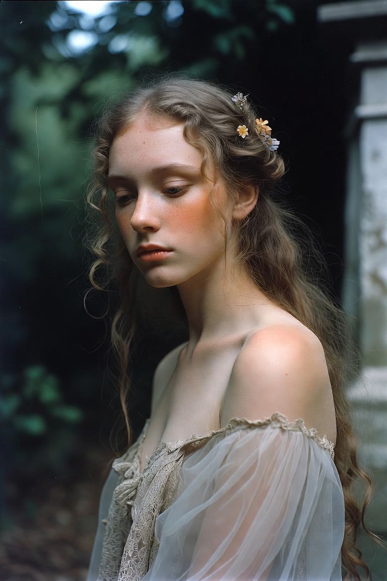 Young woman in vintage dress outdoors