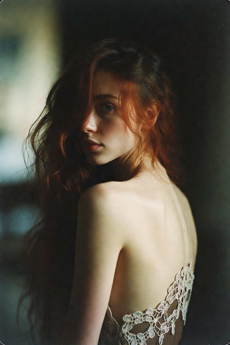 Red-haired woman in lace dress, looking back
