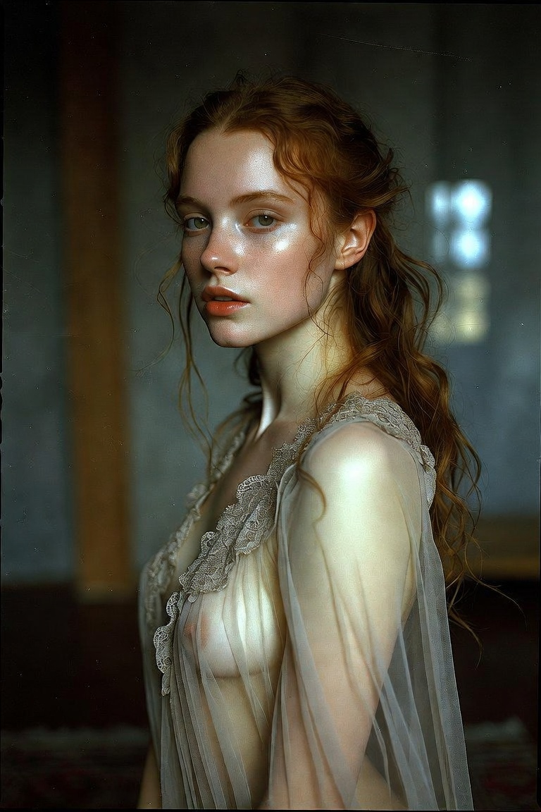 Portrait of red-haired woman in sheer lace dress