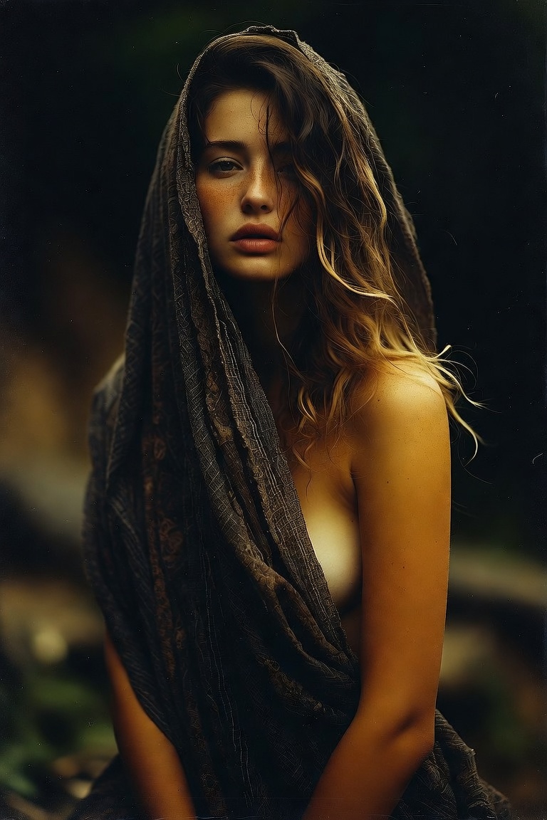 Woman draped in sheer fabric in forest