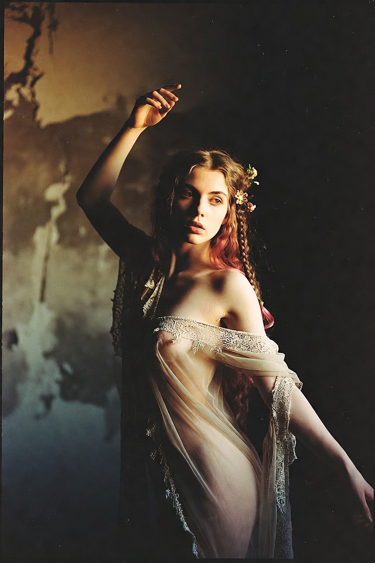 Woman in sheer dress posing in moody light