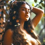 Woman with flowers in hair among foliage