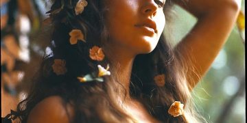 Woman with flowers in hair among foliage