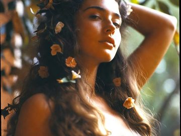 Woman with flowers in hair among foliage