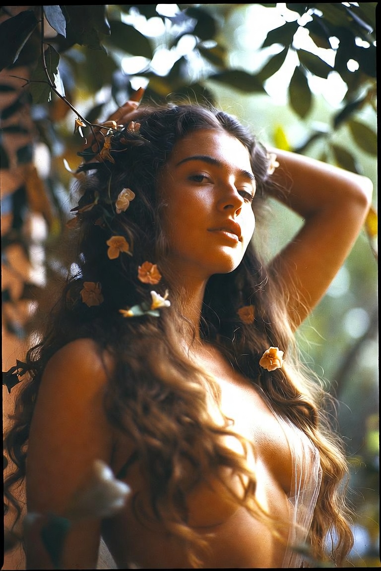 Woman with flowers in hair among foliage