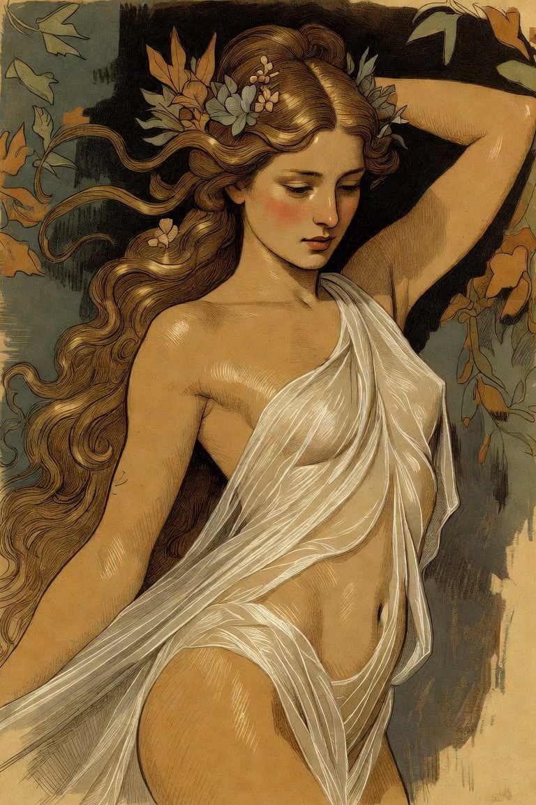 Art Nouveau illustration of draped classical woman