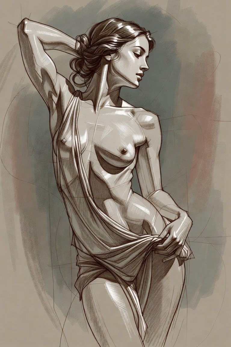 Artistic sketch of nude woman with draped fabric