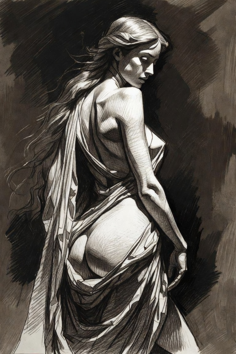 Artistic sketch of draped woman in dramatic lighting