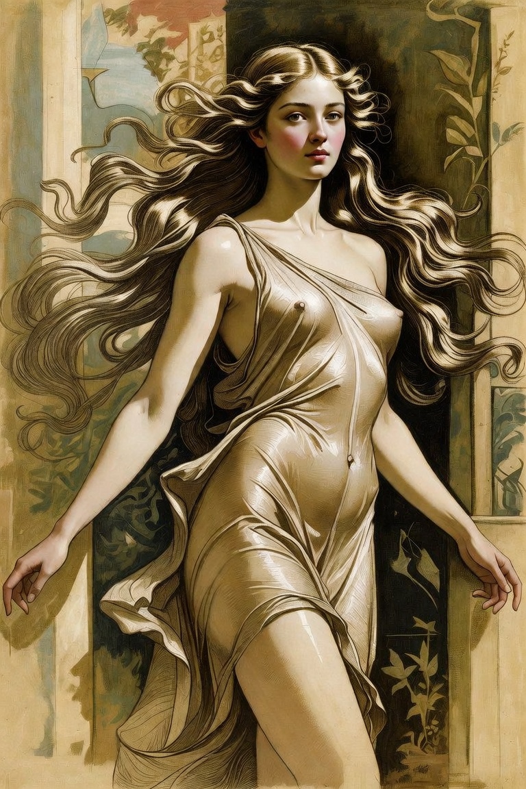 Art Nouveau woman with flowing hair and draped dress