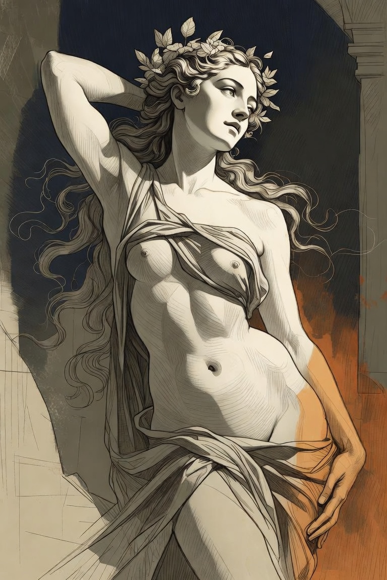 Classical nude woman with flowing hair and drapery