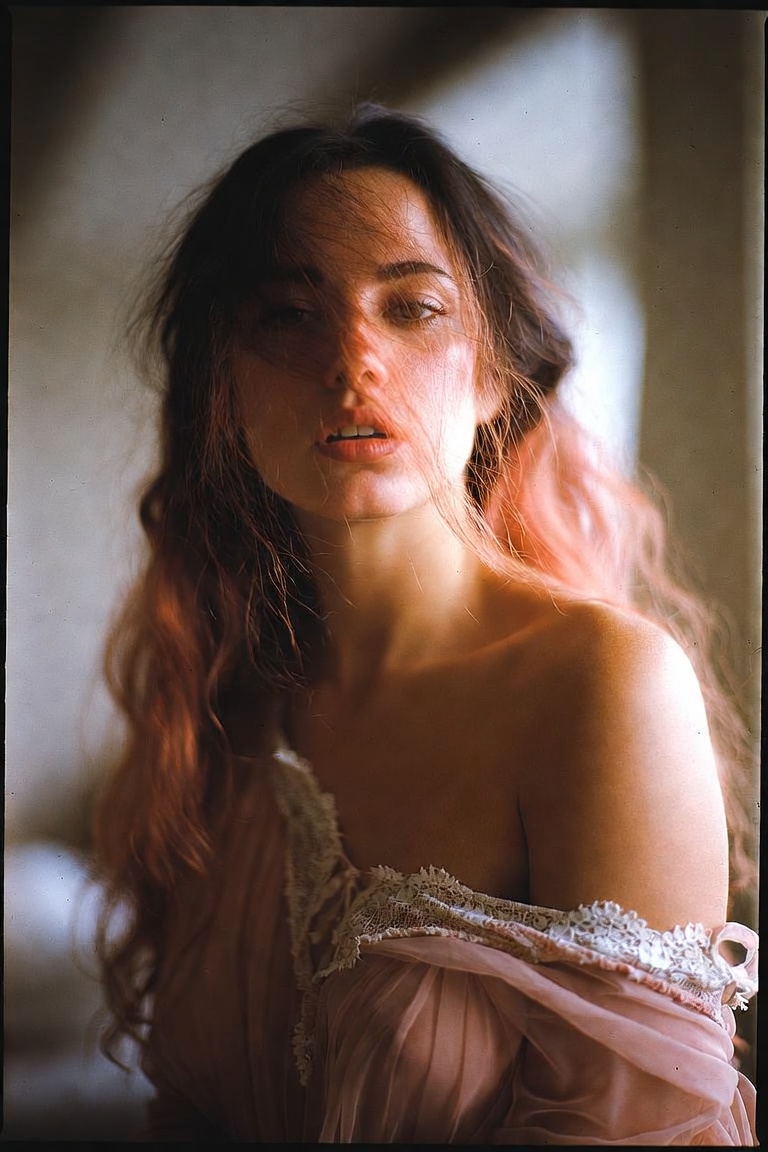 Soft-lit portrait of woman in lace dress