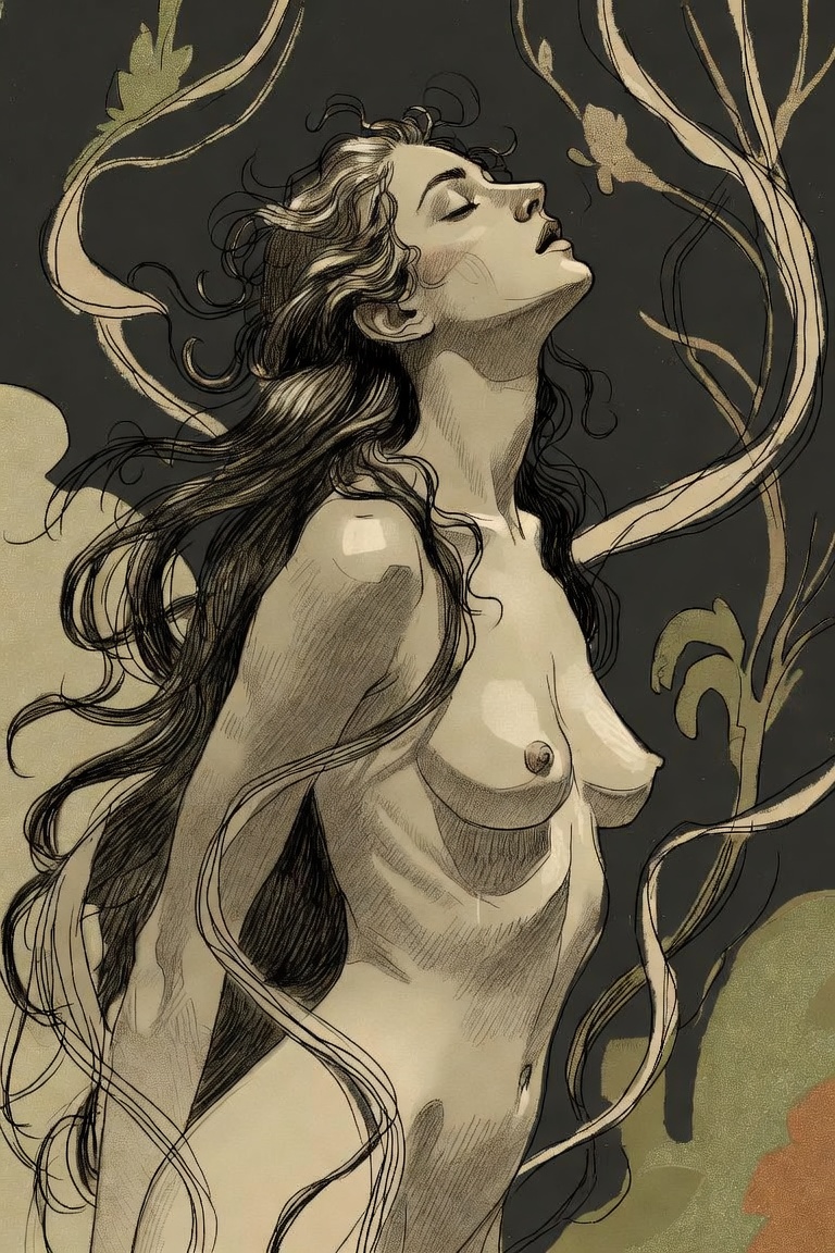 Artistic illustration of nude woman entwined with vines