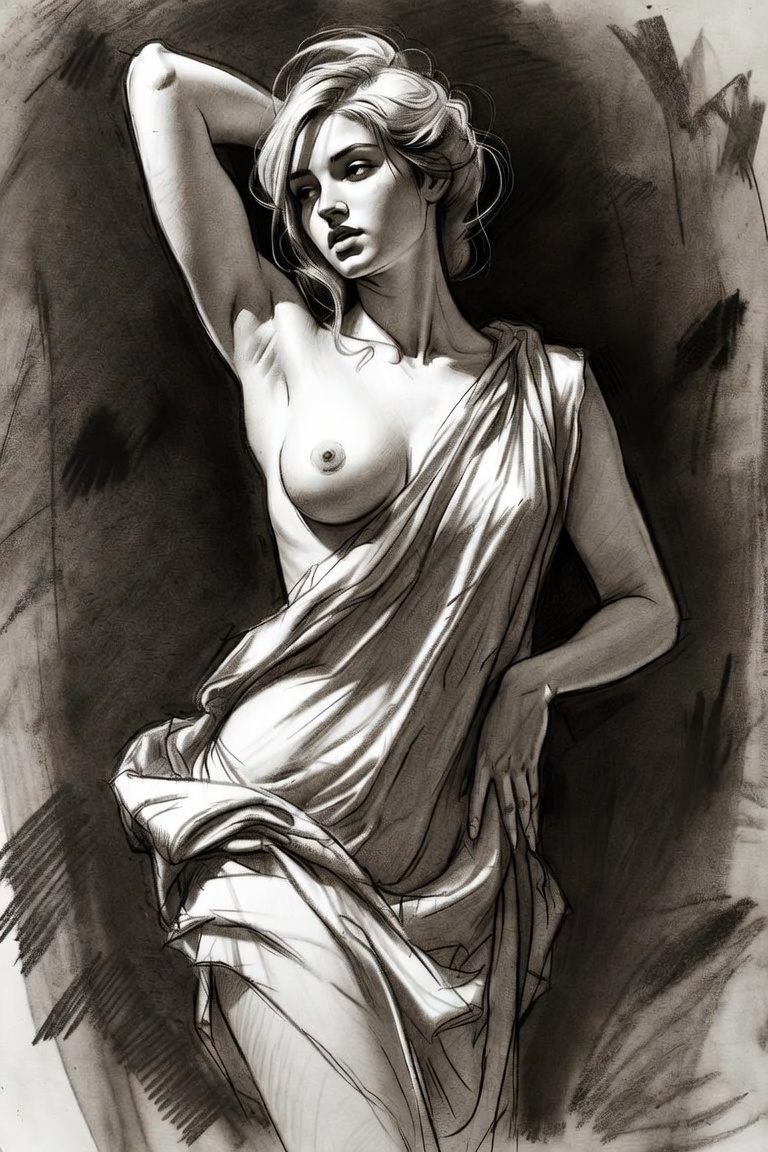 Classical charcoal drawing of reclining nude woman