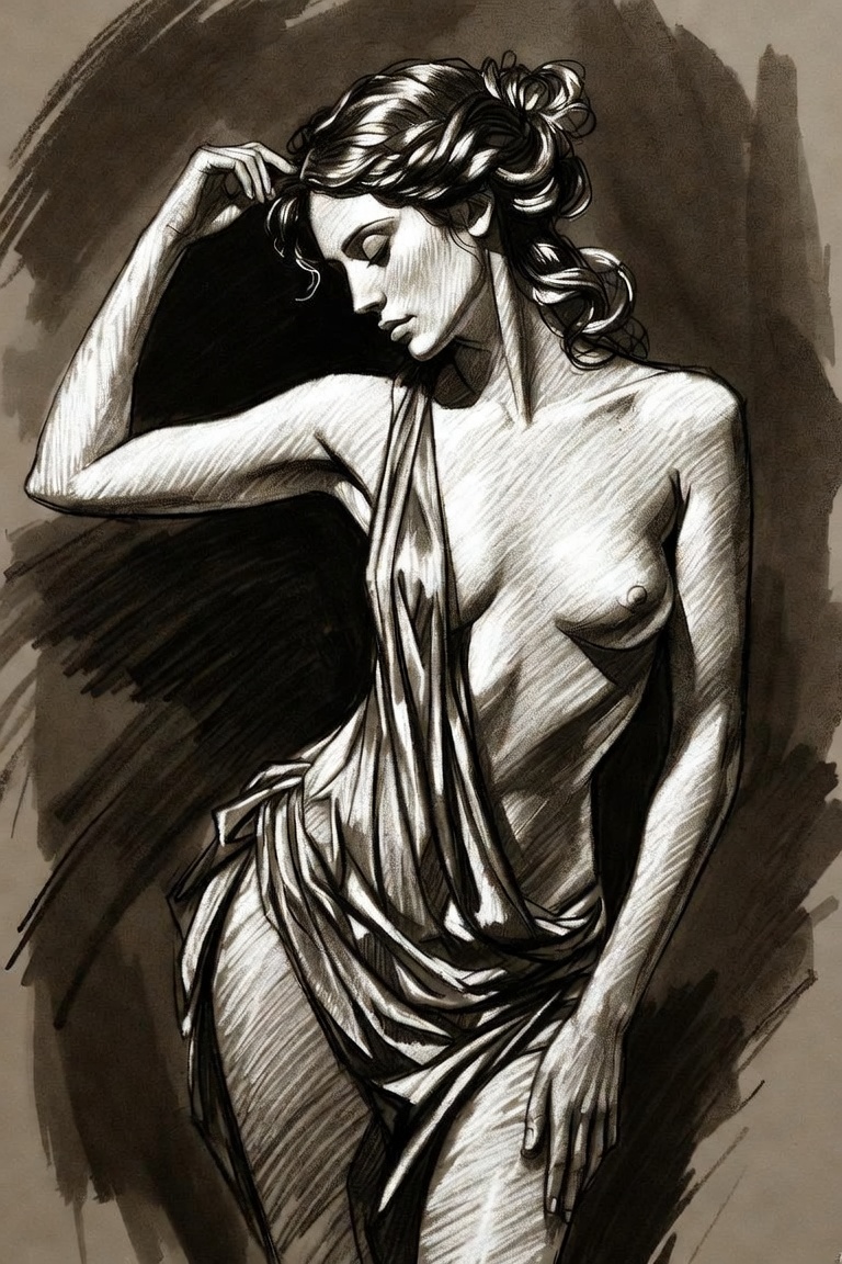 Black-and-white sketch of partially draped nude woman
