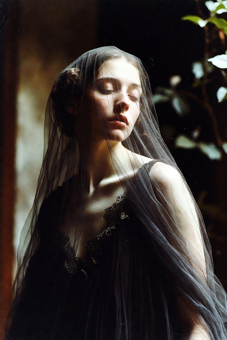 Woman in black dress with sheer veil