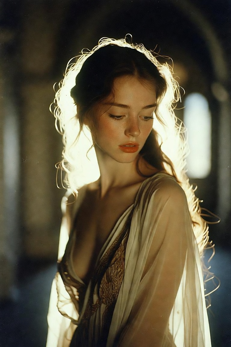 Backlit portrait of woman in sheer flowing robe