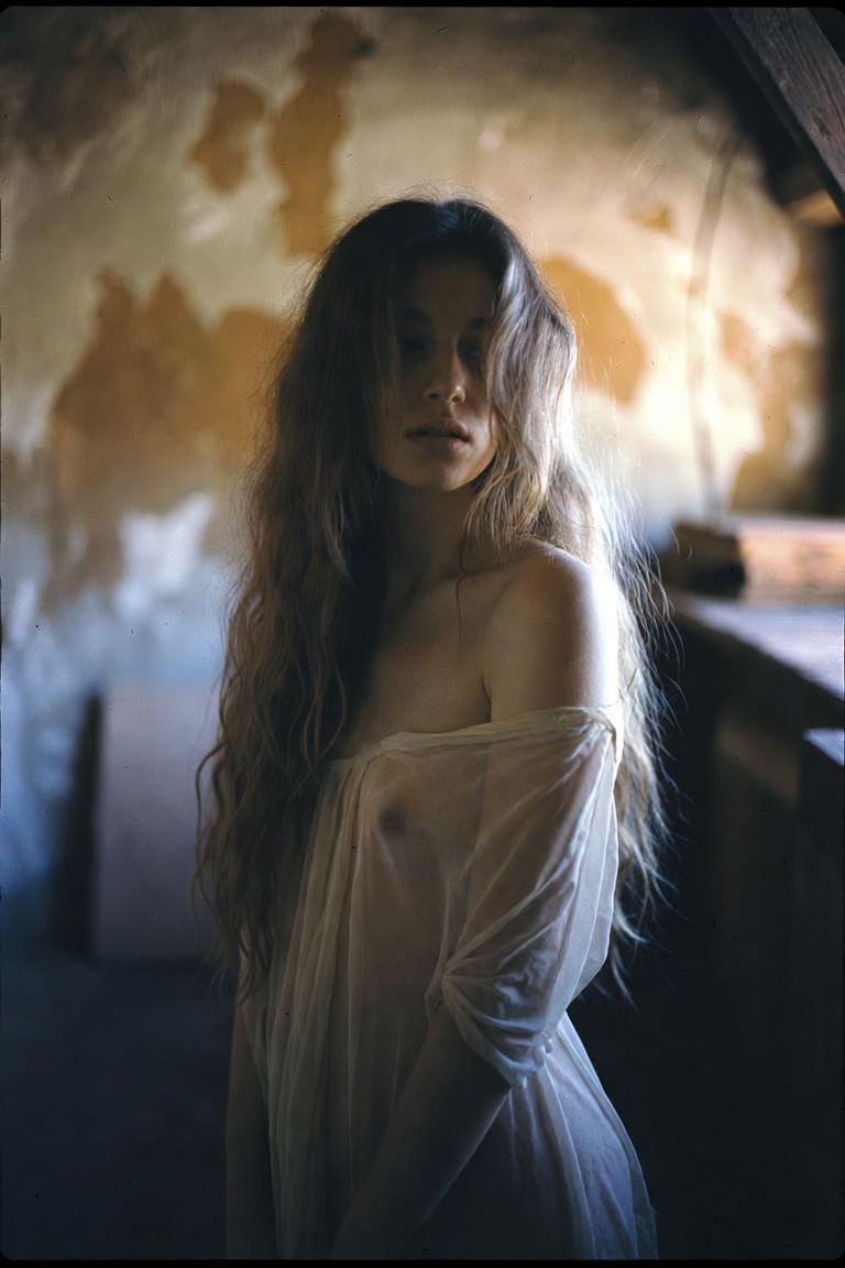 Woman in sheer dress by rustic wall