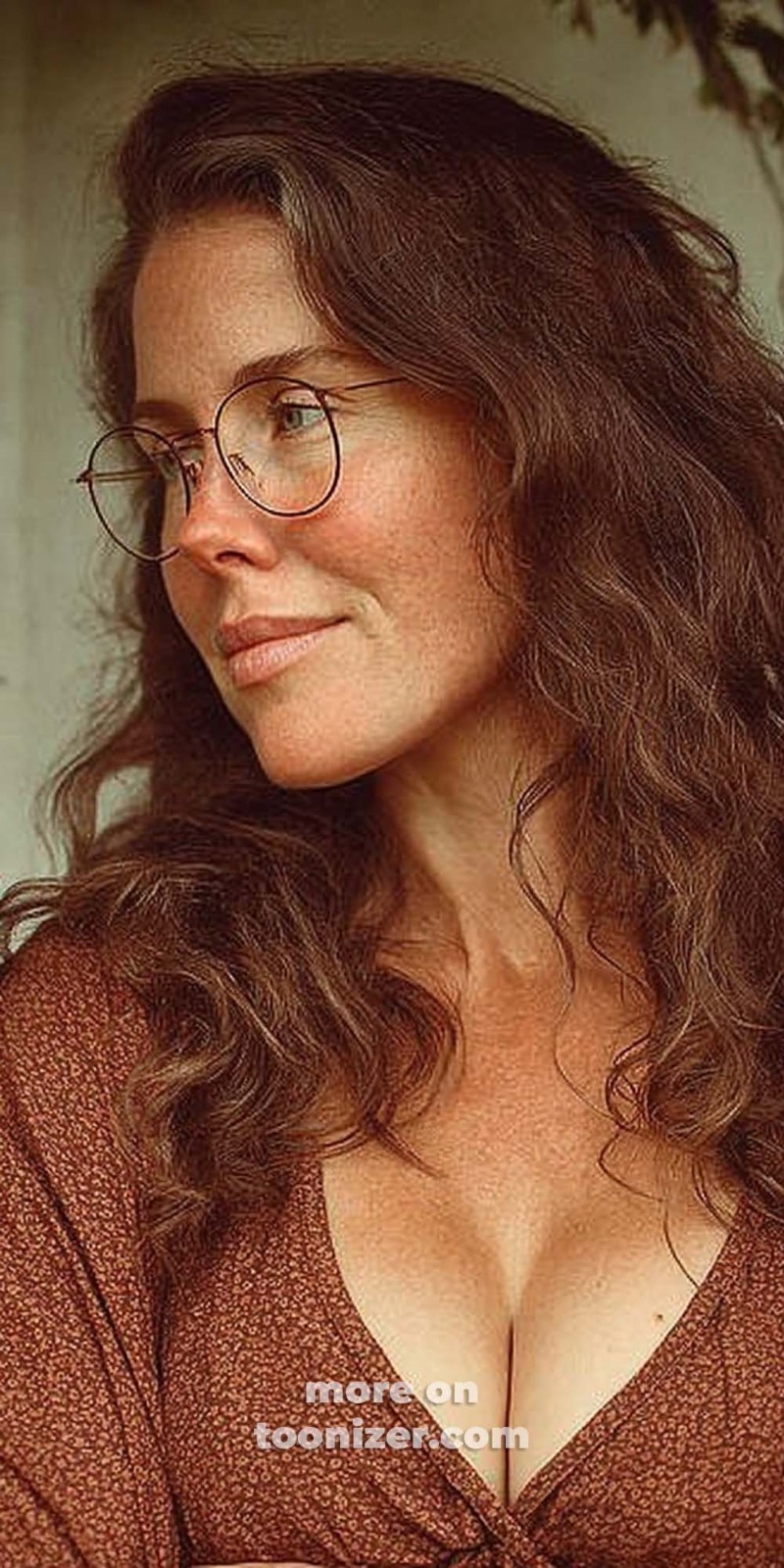 Woman with wavy brown hair wearing round glasses