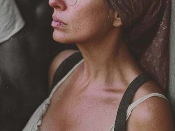 Woman with headscarf and glasses looking outside