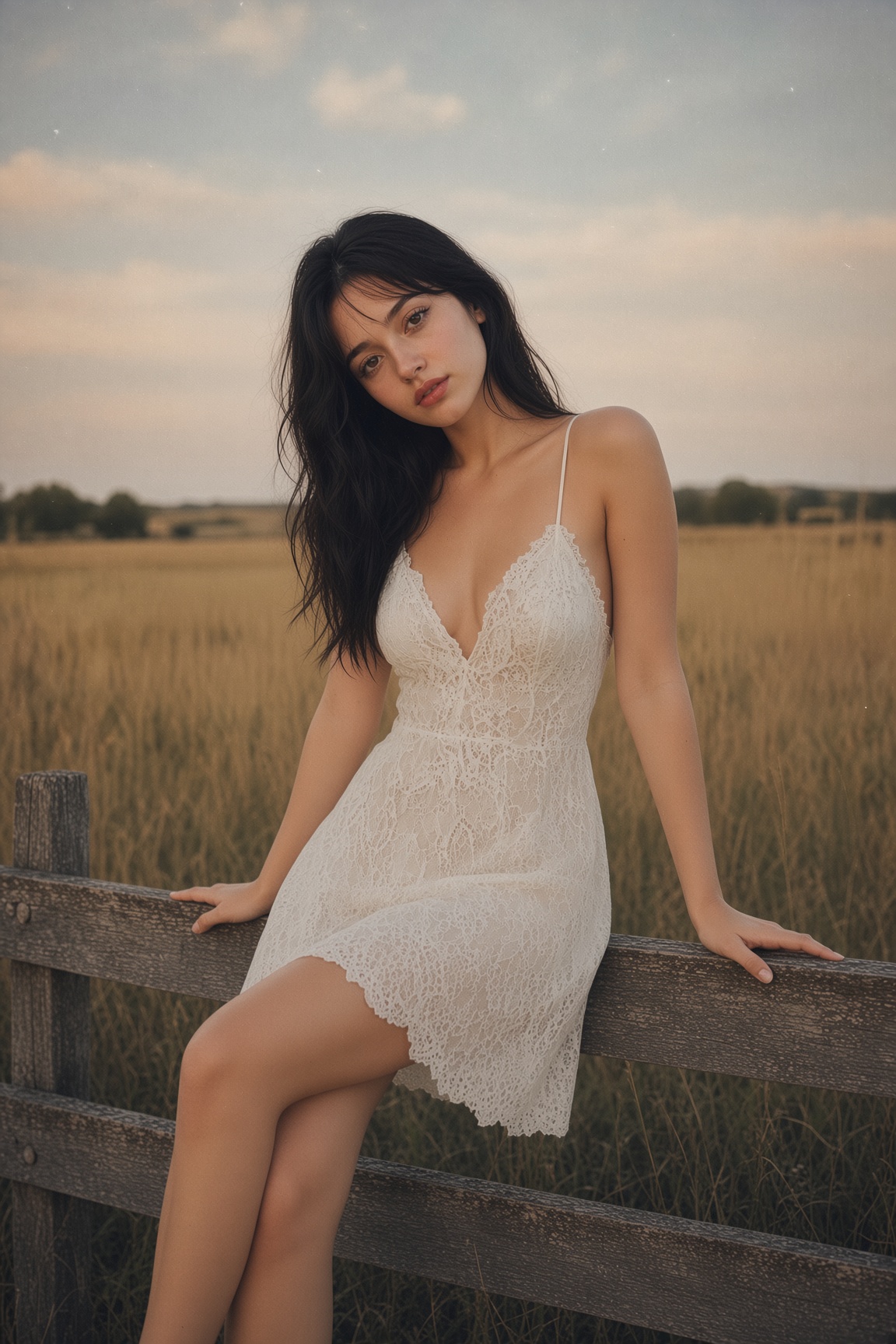 Woman in white lace dress sitting on wooden fence