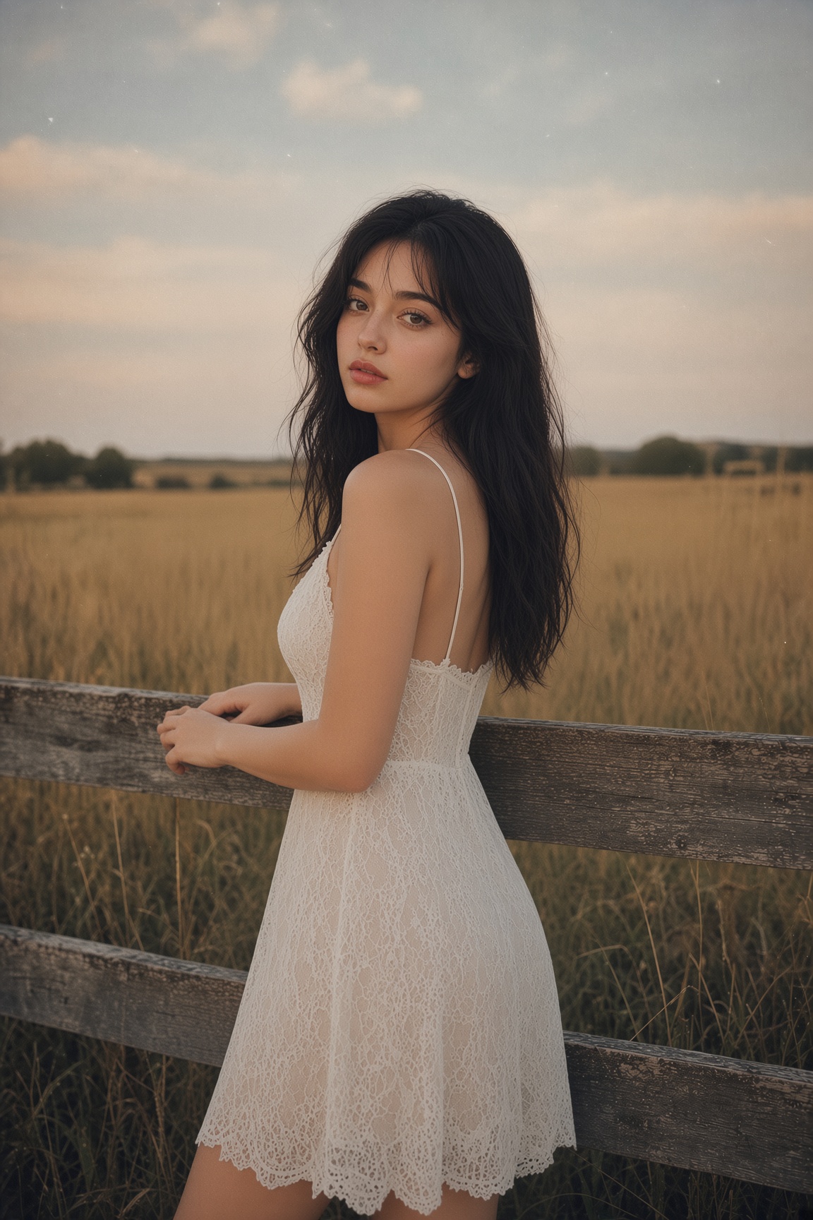 Woman in white lace dress beside rustic field fence
