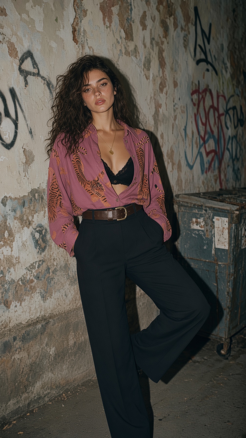 Woman posing in tiger-print shirt beside graffiti wall