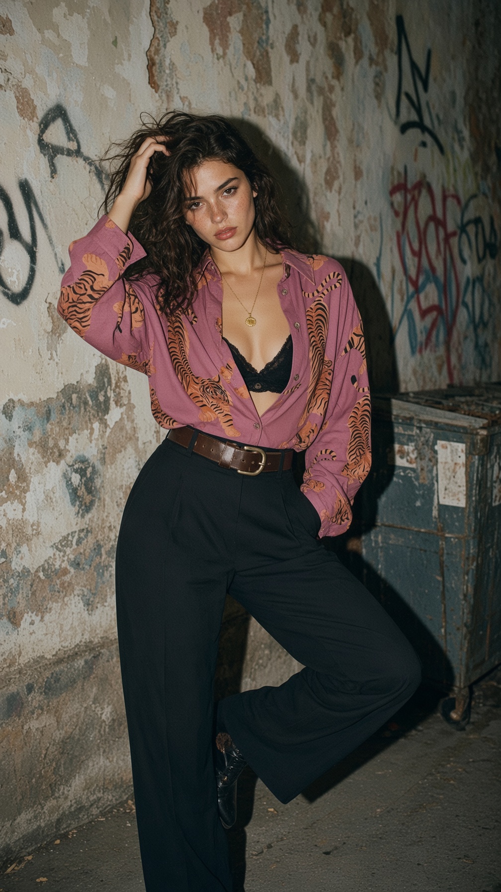 Woman in tiger-print shirt poses by graffiti wall