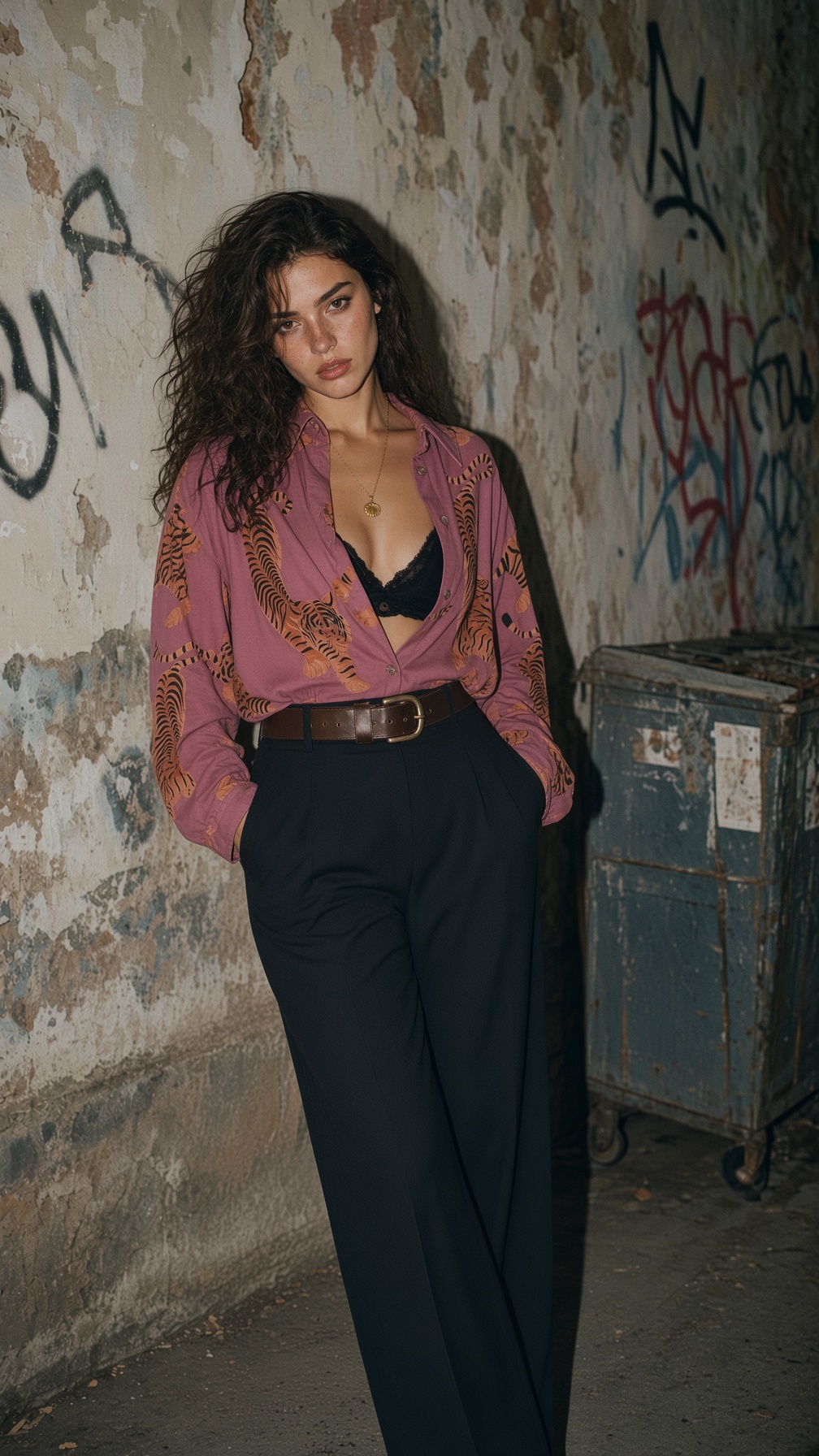 Woman in patterned shirt poses beside graffiti-covered wall
