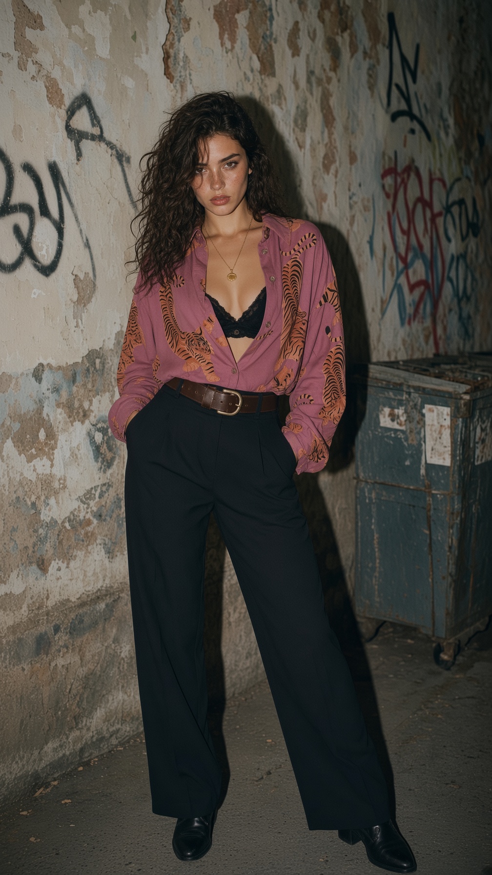 Woman in tiger-print shirt poses beside graffiti wall
