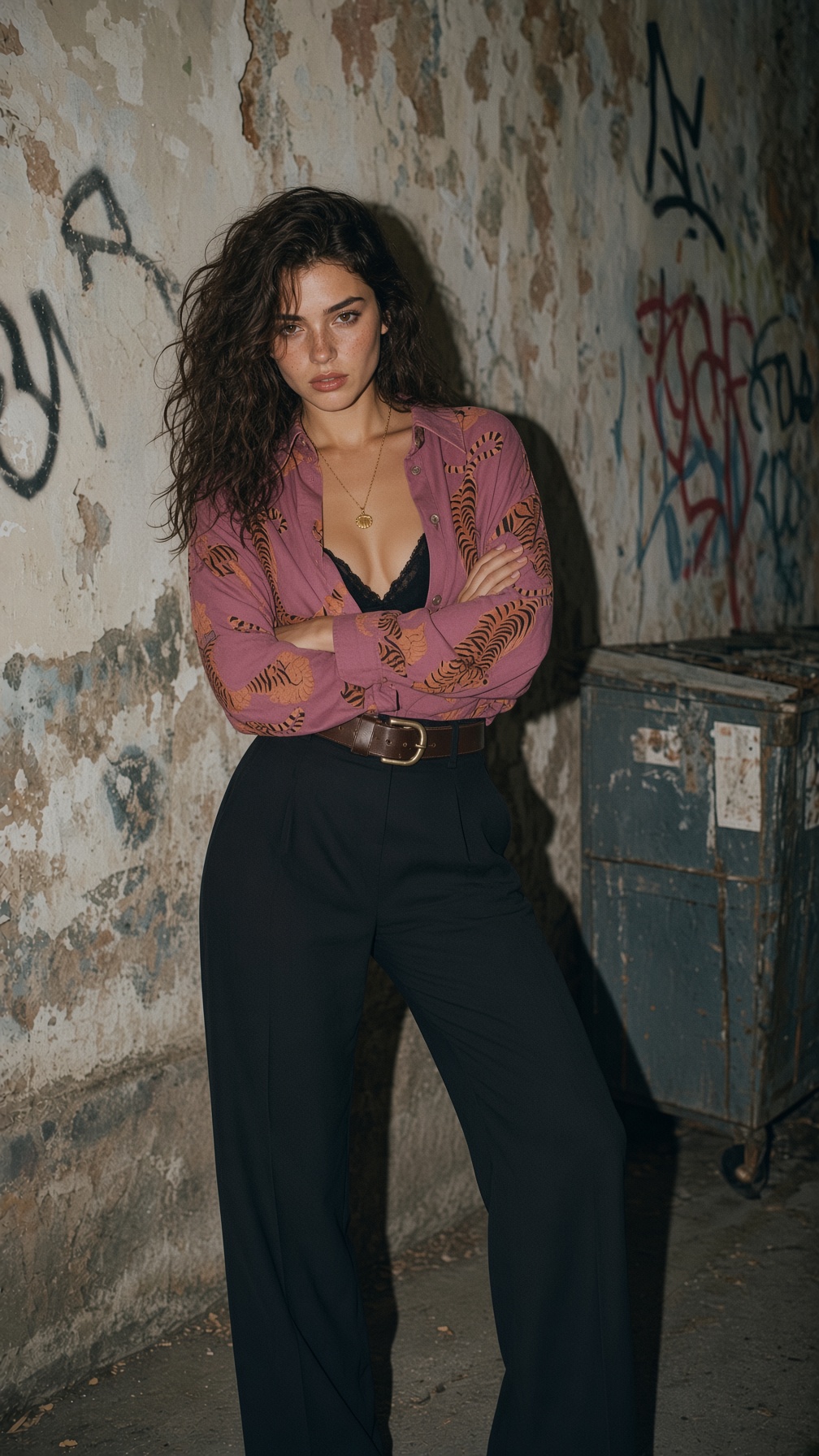 Woman in tiger-print blouse stands beside graffiti wall