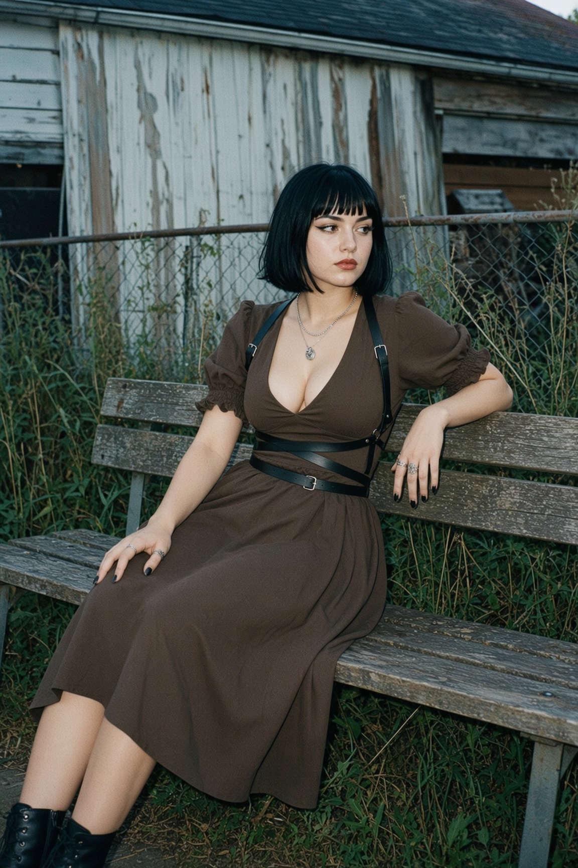Woman in brown dress sits on weathered outdoor bench