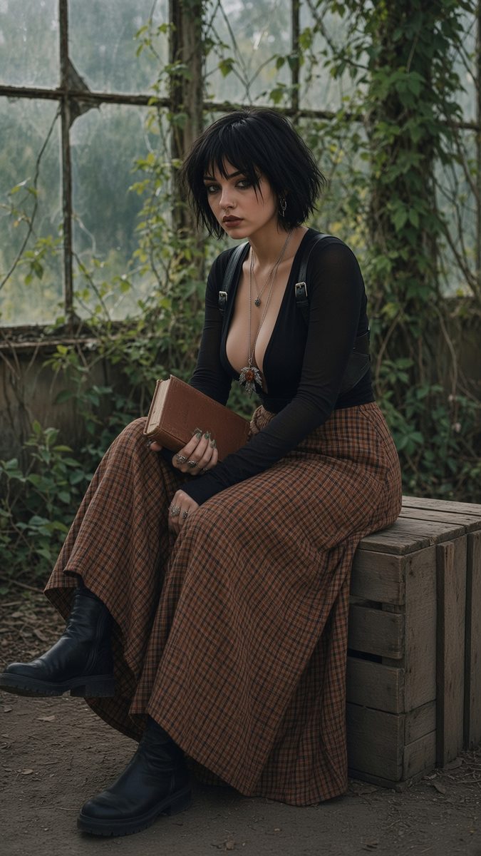 Woman holding book in overgrown greenhouse
