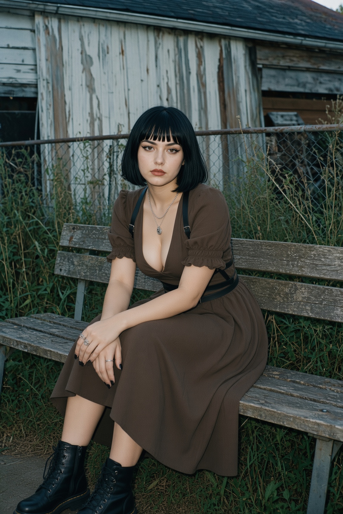 Woman in brown dress sitting on weathered bench