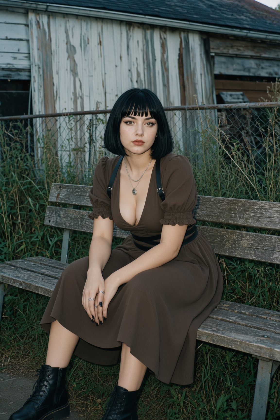 Woman in brown dress sits on weathered bench