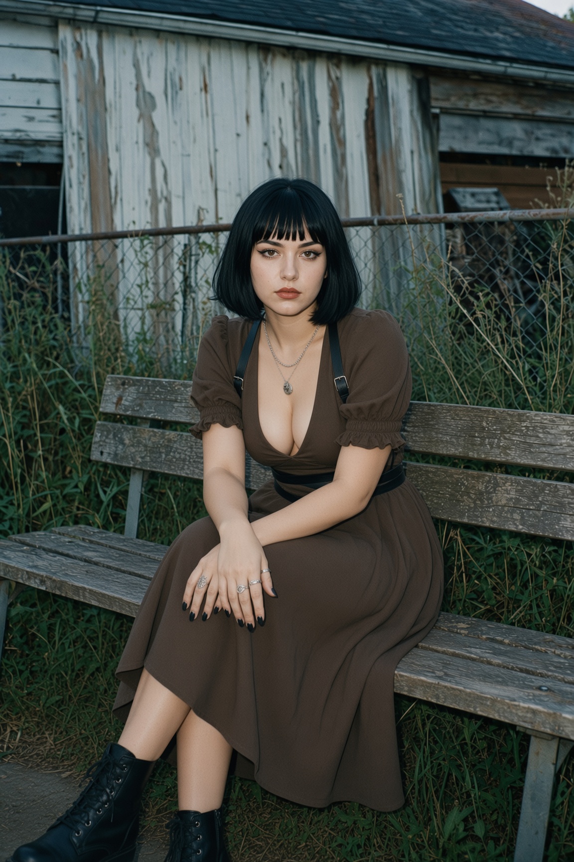 Woman in brown dress seated on weathered outdoor bench